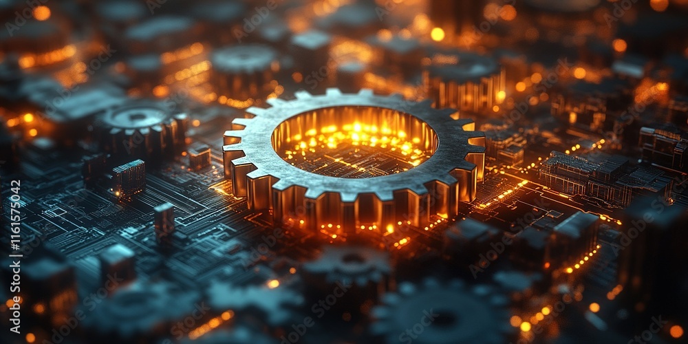 Poster intricate digital landscape showcases glowing cogs and circuits in a futuristic setting during night