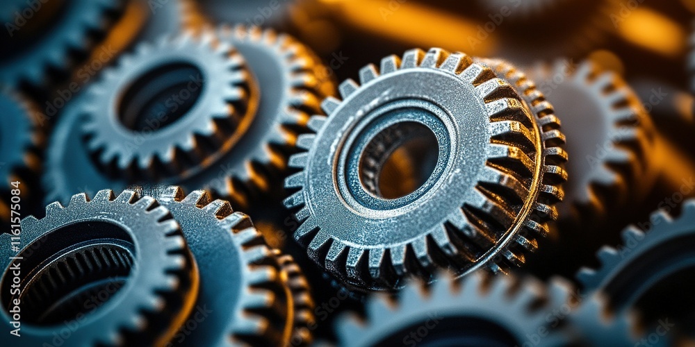 Poster close-up view of interlocking gears in a mechanical assembly showcasing intricate details and textur
