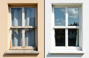 The half of the window on the left is dirty, old, and the window on the right is clean, shiny, new.