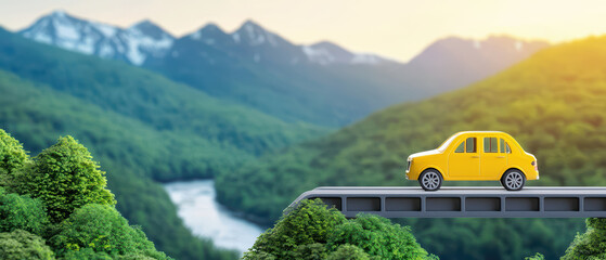 vibrant yellow car travels on bridge surrounded by lush greenery and mountains, evoking sense of adventure and freedom