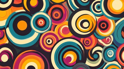 Fototapeta premium Colorful retro pattern featuring spirals and curves in vibrant 70s inspired color palette. Generative AI