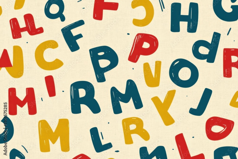 Poster Colorful and playful pattern featuring stylized letters creating a whimsical alphabet design for creativity and fun. Generative AI