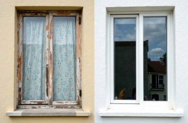 Fototapeta premium The half of the window on the left is dirty, old, and the window on the right is clean, shiny, new.