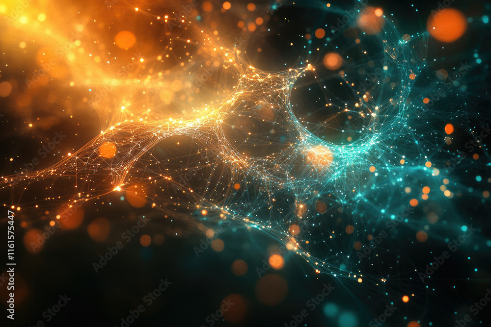 Poster abstract digital network, glowing nodes and connections, forming a cosmic web of light and energy.