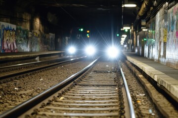 An urban subway scene captured with the headlights of an approaching train illuminating the tracks, showcasing vibrant street art along the tunnel's walls.