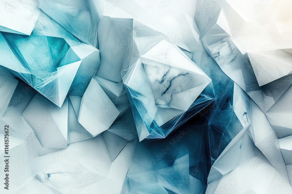 Poster abstract 3d rendering of fragmented marble-like crystals in shades of teal and white, creating a geo
