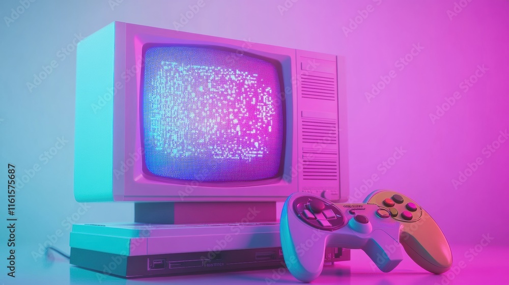 Poster retro gaming console with controller and vintage television illuminated by neon lights. generative a