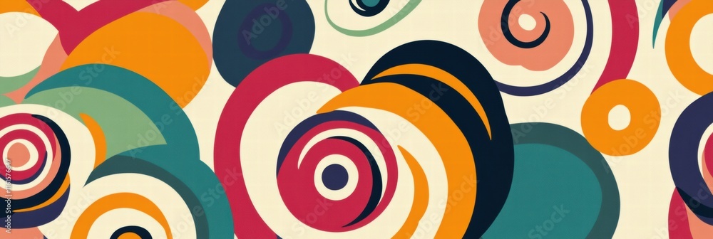 Poster Retro inspired pattern featuring colorful spirals and curved lines in a vibrant 70s color palette. Generative AI