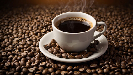 Fototapeta premium Textured Coffee Bean Background with Steaming Espresso