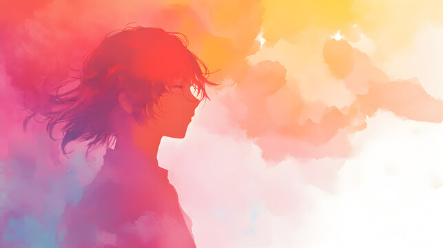 fondo con espacio de copia con pintura efecto acuarela con un chico joven de perfil atractivo estilo anime