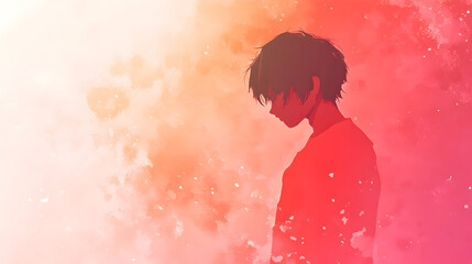una imagen pintada en acuarela con espacio de copia colorido con una silueta de un chico joven de perfil estilo anime