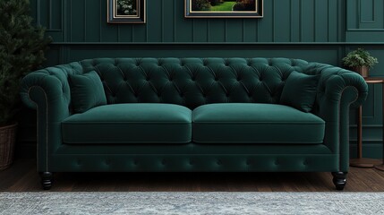 Elegant Dark Green Velvet Sofa in Classic Interior Setting with Textured Wall and Cozy Accessories for Stylish Home Decor Inspiration