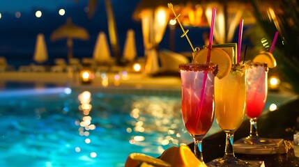 Cocktails the beachside swimming pool bar perfect for a travel vacation featuring a festive beach bar scene and lively night celebration with exotic cocktails under the stars