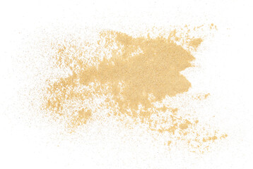 Yellow maca organic powder scattered isolated on white, top view