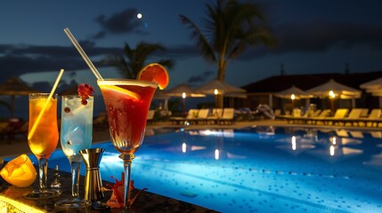 Cocktails the beachside swimming pool bar perfect for a travel vacation with evening drinks and a festive ambiance at a lively poolside celebration under a moonlit sky