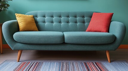 Modern teal sofa with colorful cushions in contemporary living room, featuring vibrant wall color and stylish decor elements to enhance cozy interior design.