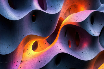 Obraz premium Abstract 3D rendering of flowing, textured concrete forms with warm and cool lighting, creating a visually captivating image.