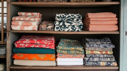 Colorful Textiles Displayed Neatly on Rustic Wooden Shelves