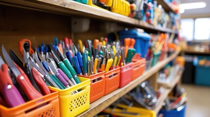 Obraz premium Colorful Tools Organized in Baskets on Wooden Shelves at Workshop