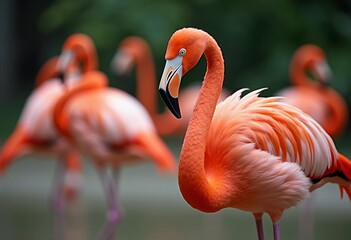 Flamingos gather in a tranquil pond, their orange feathers reflecting in water. They interact playfully, creating a stunning display of nature. Flamingo Phoenicopterus is genus of birds. Generative AI