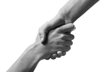 Help and support. People holding hands on white background, closeup. Toned in black and white