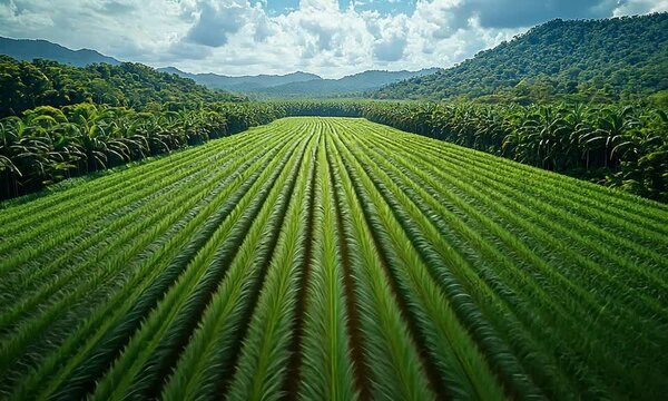 Aerial view of lush green pineapple fields surrounded by mountains and clouds.