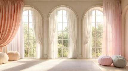 Fototapeta premium Sunlit room with arched windows, pastel curtains, and floor pillows.