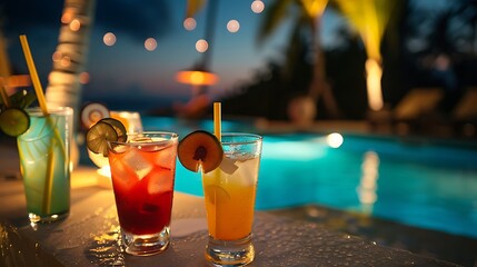 Cocktails the beachside swimming pool bar perfect for a travel vacation enjoying a lively gathering with vacation drinks and a vibrant poolside celebration under a starry night