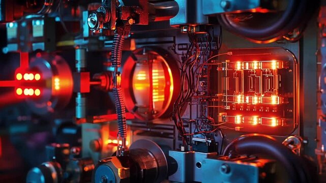 An intricate network of sensors embedded in machinery capturing energy data their tiny diodes glowing softly in a dimly lit factory environment.