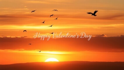 Obraz premium Happy Valentine's day on sky at sunset with flying birds 