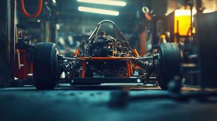 Stock car engine integrated into a race car chassis, photographed under workshop lighting, intricate details