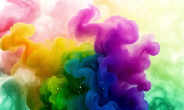 A mesmerizing composition features a vibrant explosion of rainbow colored smoke against a pristine white background