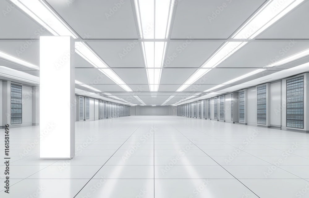 Poster a 3d depiction of a server room with a white theme, including computers and storage solutions