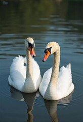 Naklejka premium Two beautiful swans swim together in tranquil water, reflecting their graceful forms as morning light. Swans Cygnus are a genus of birds from order Anseriformes of the duck family. Generative AI