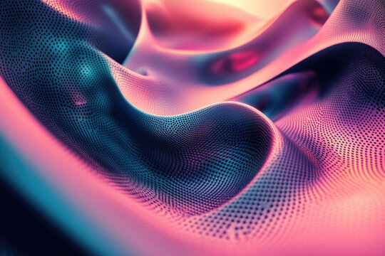 Abstract pink and teal digital fabric with a textured surface, undulating in waves.