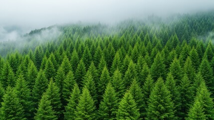 Obraz premium Lush Green Forest Blanketed in Fog with Tranquil Treetops and Misty Atmosphere in a Scenic Nature Landscape