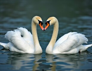 Two beautiful swans swim together in tranquil water, reflecting their graceful forms as morning light. Swans Cygnus are a genus of birds from order Anseriformes of the duck family. Generative AI