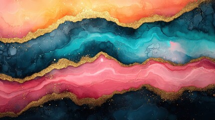 Beautiful abstract alcohol ink painting with vibrant colors, smooth gradients, and shimmering gold accents creating a mesmerizing artistic design for modern decor
