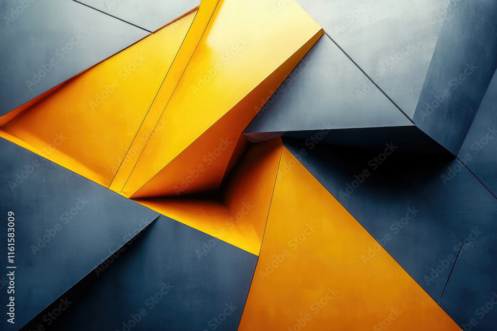 Poster abstract geometric art featuring contrasting dark gray and vibrant yellow triangular shapes creating