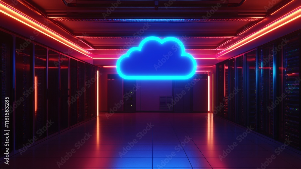Poster a futuristic data center design includes a server room adorned with cloud motifs on the ceiling