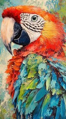 Vibrant Scarlet Macaw portrait, oil painting style.