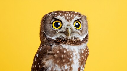 A close-up of a curious owl against a bright yellow background.