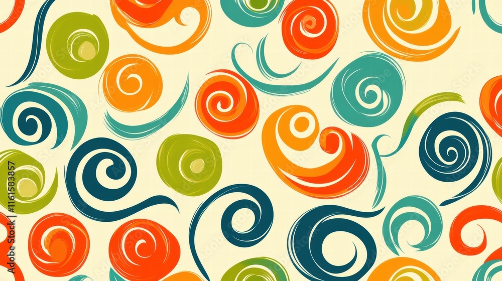 Poster colorful retro inspired spirals and curved lines in a vibrant 70s color palette for modern design. g
