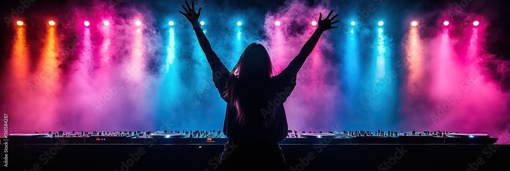 Poster a dj with raised arms in front of a colorful light display and fog at a music event.