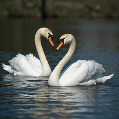 Obraz premium Two beautiful swans swim together in tranquil water, reflecting their graceful forms as morning light. Swans Cygnus are a genus of birds from order Anseriformes of the duck family. Generative AI