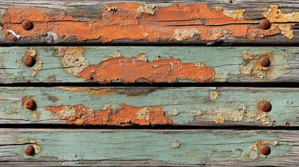 Detailed Image of Weathered Wooden Planks with Flaking Paint in Orange and Green Coloration, Highlighting Textures and Rusty Fasteners in a Rustic Setting
