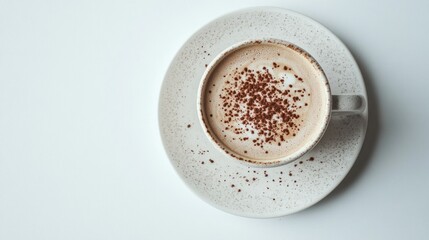 Overhead view of a cappuccino in a white mug on a saucer, sprinkled with cocoa powder.