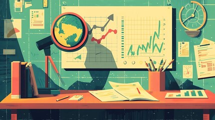 Global market analysis workplace with charts, graphs, and documents on a desk.