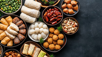 Delicious assortment of traditional snacks and sweets on dark background