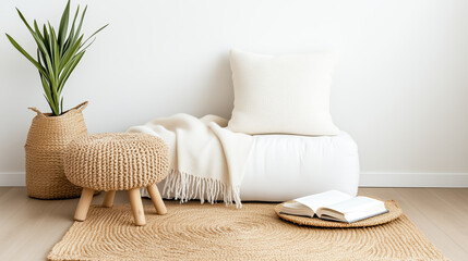 Cozy living room with white pouf, plant, and natural decor elements